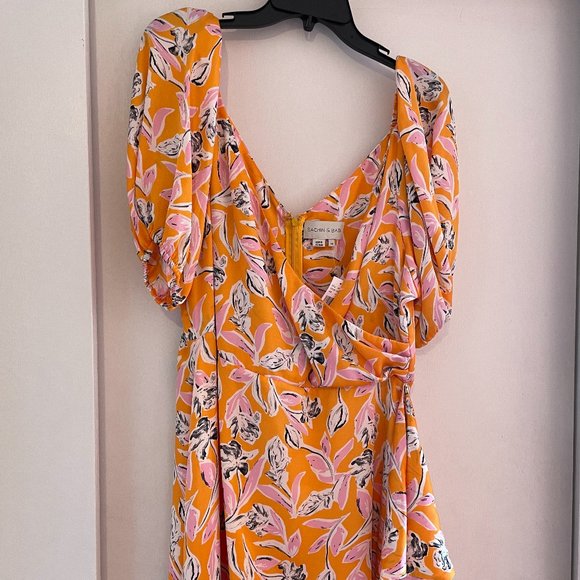 NWT Sachin Babi AVA Orange Pink Floral Ruffle Midi Wrap Dress Puff Sleeve - Picture 2 of 10